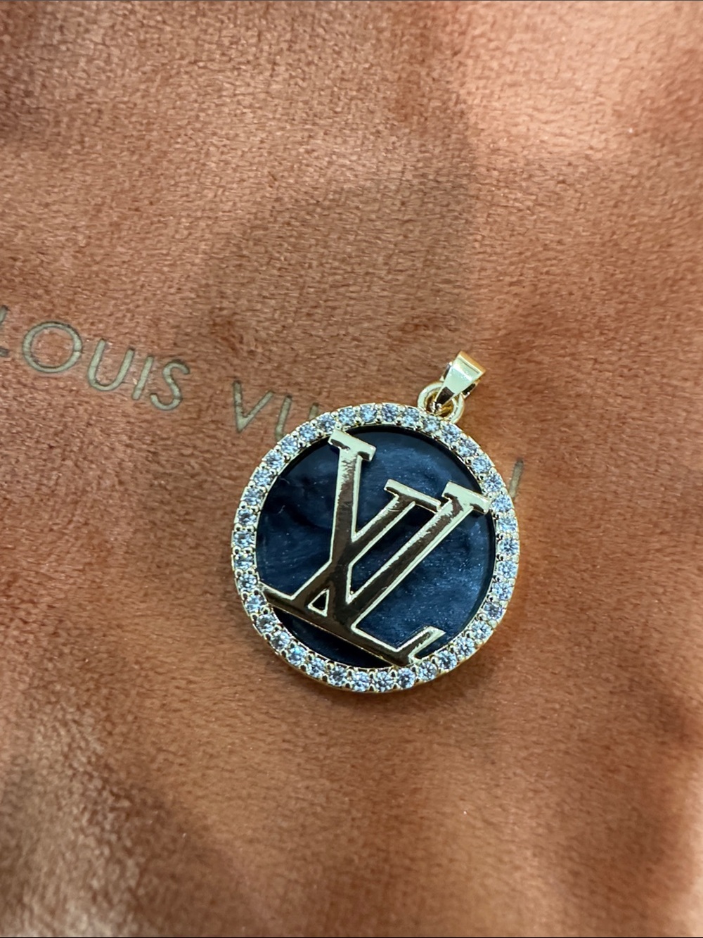 Gold and Black Crystal-Edged LV Round Pendant Necklace